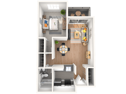 A top-down view of a small apartment with a kitchen, living room, and bedroom.